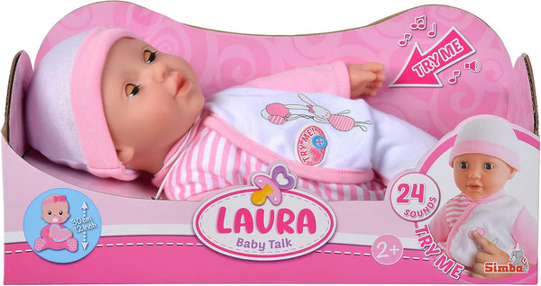 Simba 105140020 - My Love Baby Talk, păpușă cu corp moale, cu ochi adormiți, în rochiță drăguță, scoate 24 de sunete de bebeluș, 30 cm, păpușă de bebeluș de la 2 ani, alb-roz