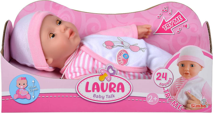 Simba 105140020 - My Love Baby Talk, păpușă cu corp moale, cu ochi adormiți, în rochiță drăguță, scoate 24 de sunete de bebeluș, 30 cm, păpușă de bebeluș de la 2 ani, alb-roz