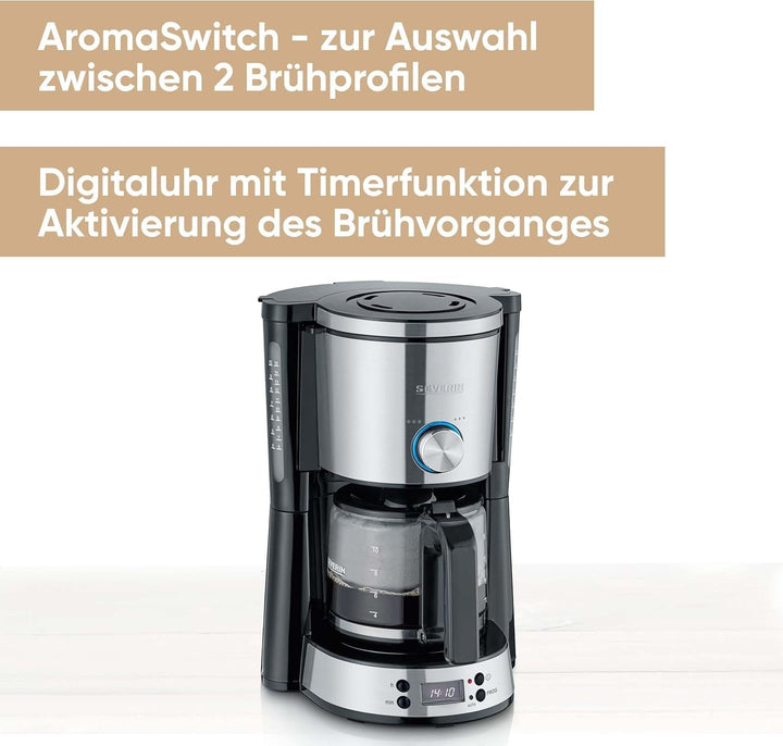 SEVERIN Cafetiera "Typeswitch" cu ulcior de sticlă și cronometru, comutator de aromă pentru alegerea a 2 opțiuni de preparare, ceas digital cu funcție de cronometru, pentru până la 10 cești, 1.000 W, oțel inoxidabil negru periat, KA 4826