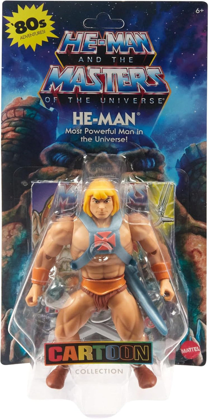 Jucărie Masters of the Universe Origins, He-Man figurină de acțiune din colecția de desene animate, la scară reală, aprox. 14 cm înălțime, erou cu armură, 2 săbii și mini benzi desenate, HYD17
