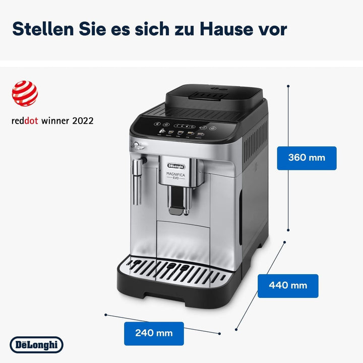 De'Longhi Magnifica Evo ECAM 292.33.SB Aparat de cafea complet automat cu spumă de lapte, 5 butoane de selecție directă pentru espresso, cafea și cafele speciale, panou de control intuitiv, funcție pentru 2 cești, argintiu/negru