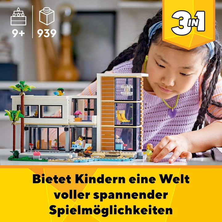 LEGO Creator Modern House, set 3 în 1 pentru a converti într-o casă de oraș sau o cabană în pădure, model de casă, idee de cadou pentru băieți și fete de la 9 ani, jucărie educativă 31153