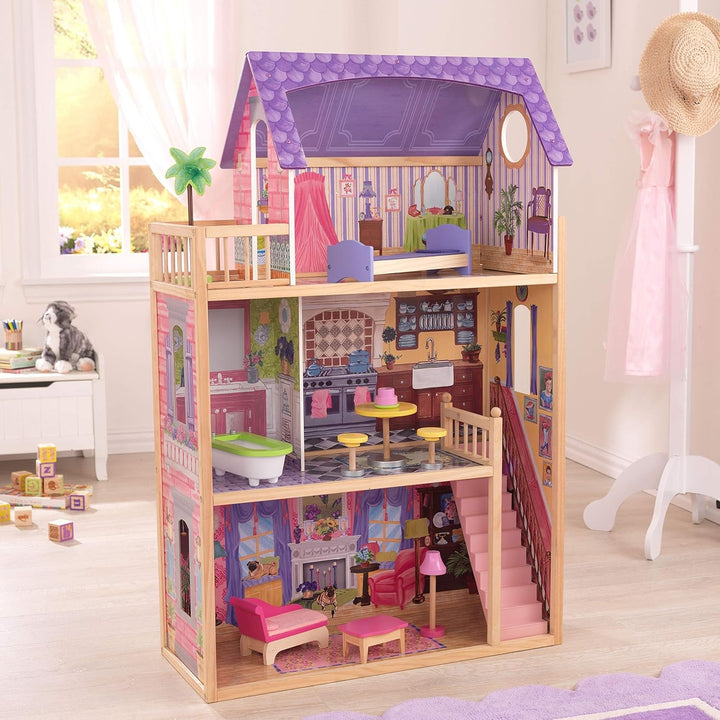 Casa de păpuși din lemn Kidkraft Kayla cu mobilier și accesorii, set de joacă cu 3 niveluri de joc pentru păpuși de 30 cm, jucărie pentru copii de la 3 ani, 65092 - Exclusiv pe Amazon