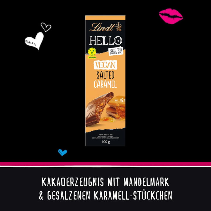 Lindt Schokolade HELLO Tafel Vegan Salted Caramel | 100 G Tafel | Vegan Mit Kakao, Mandelmark, Karamellzucker Und Einem Hauch Von Salz | Schokoladengeschenk