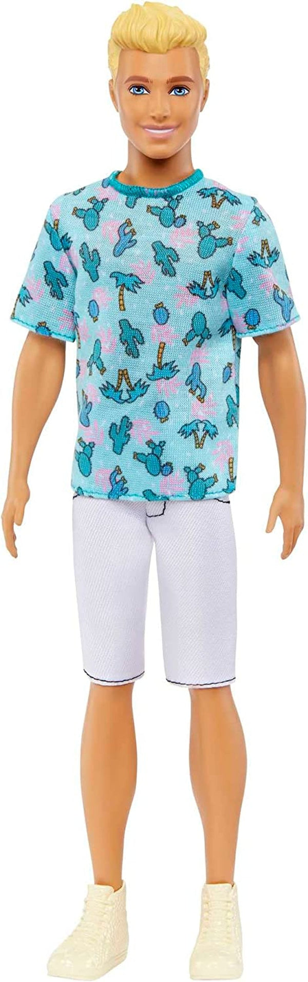 Păpușă Barbie Ken Fashionistas - tricou cu imprimeu de cactus și palmier, pantaloni scurți albi și adidași, perfect pentru aventuri cu prietenii și plimbări prin oraș, pentru copii de la 3 ani în sus, HJT10