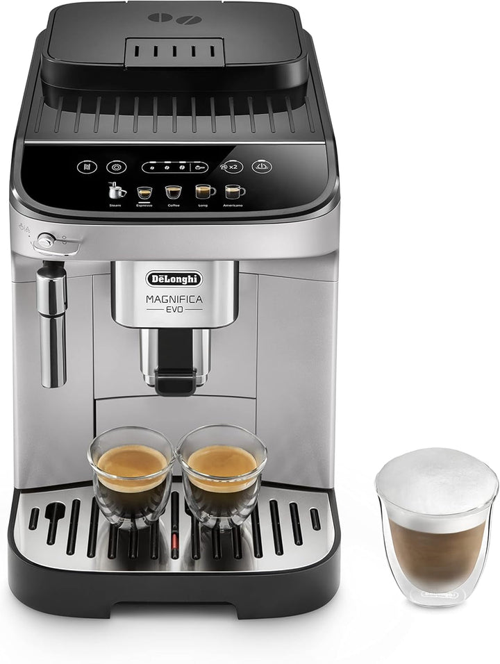 De'Longhi Magnifica Evo ECAM 292.33.SB Aparat de cafea complet automat cu spumă de lapte, 5 butoane de selecție directă pentru espresso, cafea și cafele speciale, panou de control intuitiv, funcție pentru 2 cești, argintiu/negru