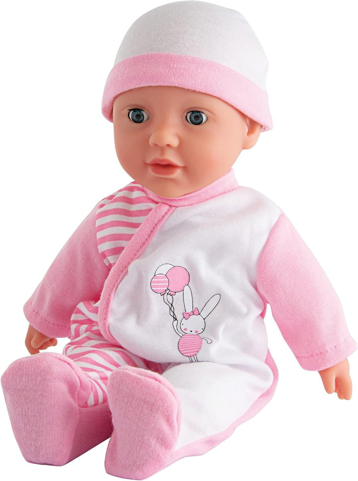 Simba 105140020 - My Love Baby Talk, păpușă cu corp moale, cu ochi adormiți, în rochiță drăguță, scoate 24 de sunete de bebeluș, 30 cm, păpușă de bebeluș de la 2 ani, alb-roz