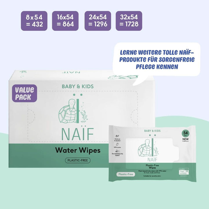 Naïf Plastikfreie Feuchttücher 864 Stück (16Er X 54 Feuchttuch) - Pflege Für Babypo, Körper Und Gesicht - 99% Aus Wasser - 0% Parfüm Und Alkohol - Nachhaltige Feuchttücherbox Eukalyptus Sensitiv