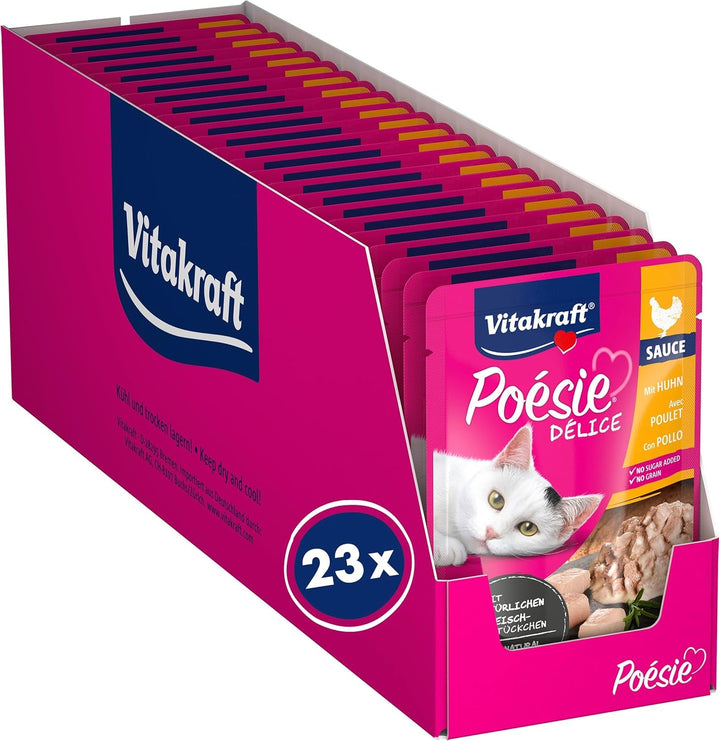 Vitakraft Poésie Délice, hrană umedă pentru pisici, hrană umedă pentru pisici în sos, cu pui, preambalată, fără zahăr și cereale adăugate (23X 85G)