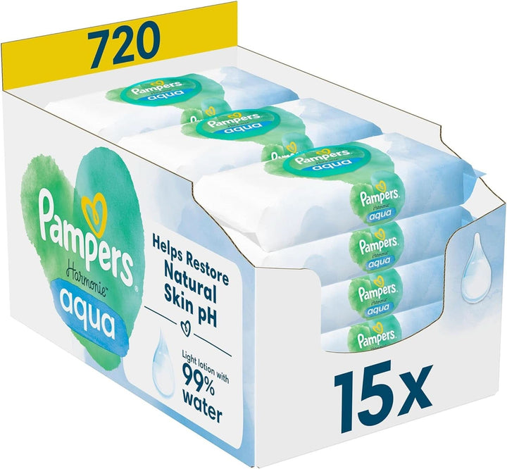 Pampers Harmonie Aqua Feuchttücher 15 Packungen Mit Jeweils 48 Feuchttüchern - 720 Feuchttücher, Die Helfen, Den Natürlichen Ph-Wert Der Haut Wiederherzustellen, Leichte Lotion Mit 99% Wasser