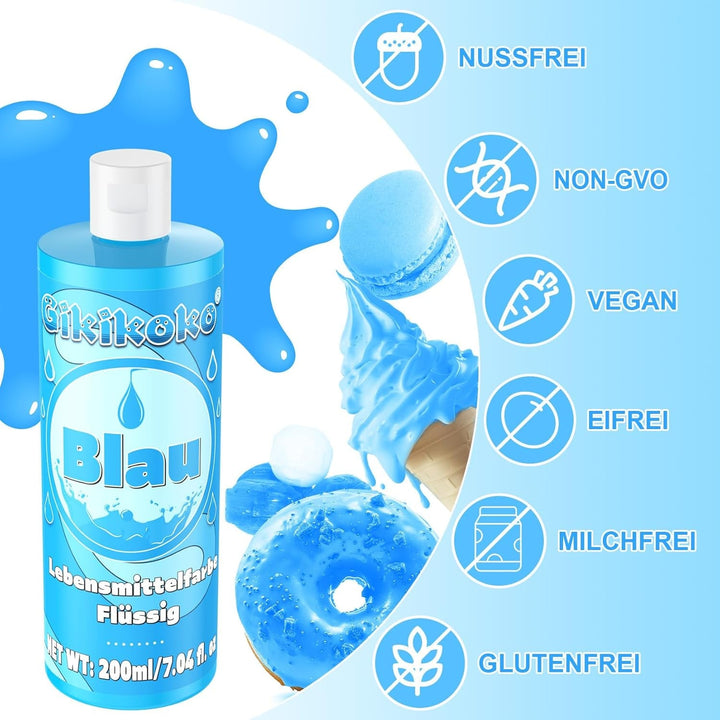 Lebensmittelfarbe - Gikikoko 200Ml Lebensmittelfarbe Flüssig Hoch Konzentriert, Lebensmittelfarben, Food Coloring Für Backen, Macaron, Cake, Jello, Fondantieren, Kuchen, DIY Slime (Blau)