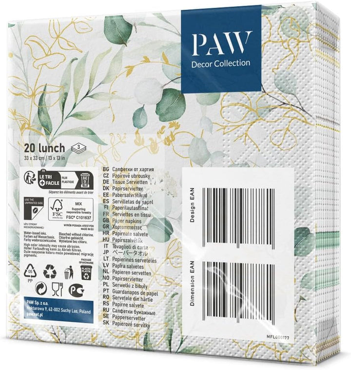 PAW - Șervețele 3 straturi (33 X 33 Cm) I 20 bucăți I Perfect pentru zile de naștere, petreceri, nunți, comuniuni și sărbători I Decor de masă Șervețele de hârtie elegante - Eucalipt auriu I Eucalipt auriu