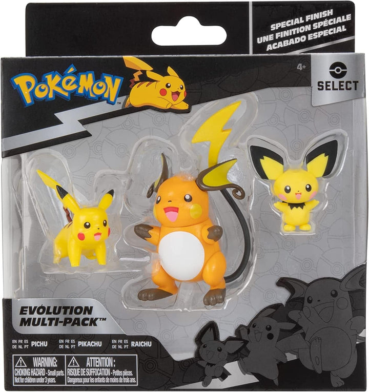 Pokemon PKW2778 Select 3-Pack cu Pichu și Pikachu și figuri de luptă Raichu de 7,6 cm, Evolution Multipack Style 2