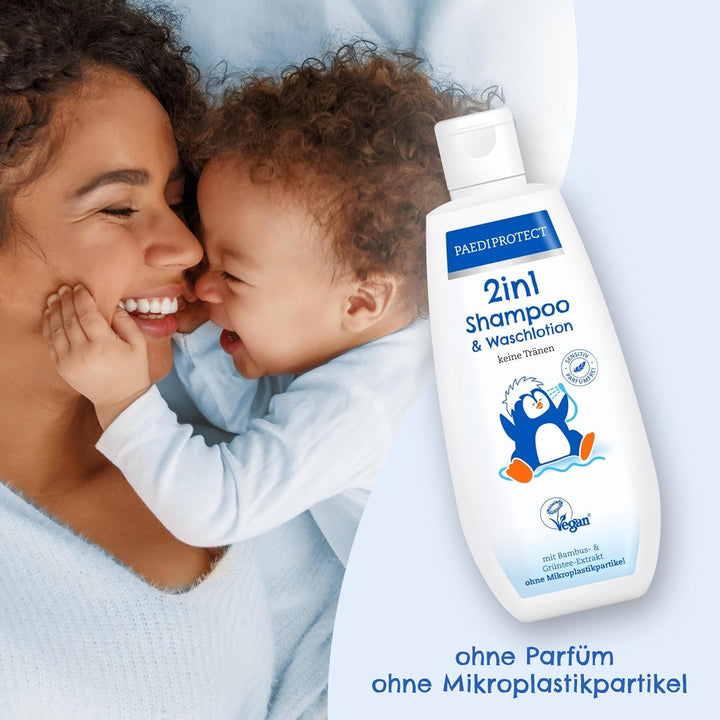 PAEDIPROTECT 2in1 șampon și loțiune de spălare pentru bebeluși și copii 200 ml, curățare delicată și păr fără parfum și microplastice, gelul de duș hidratează pielea uscată și sensibilă, de asemenea pentru adulți