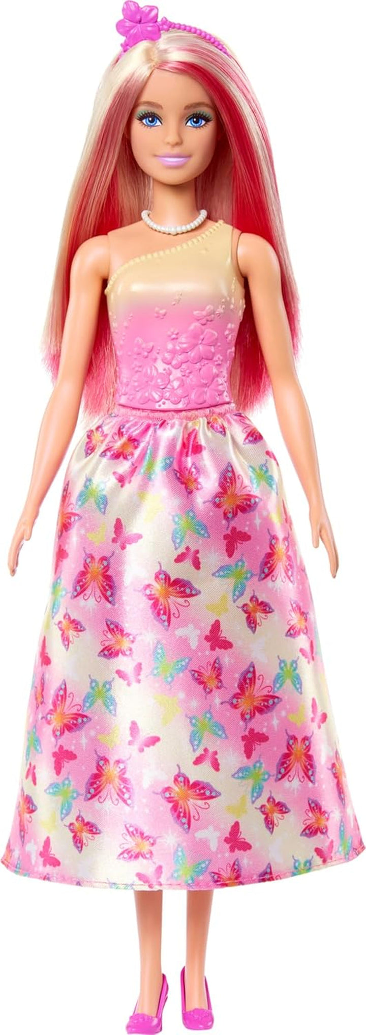 Păpușă Barbie Royal cu păr fantezist blond și roz, accesorii colorate, top roz cu gradient și fustă cu model fluture, HRR08