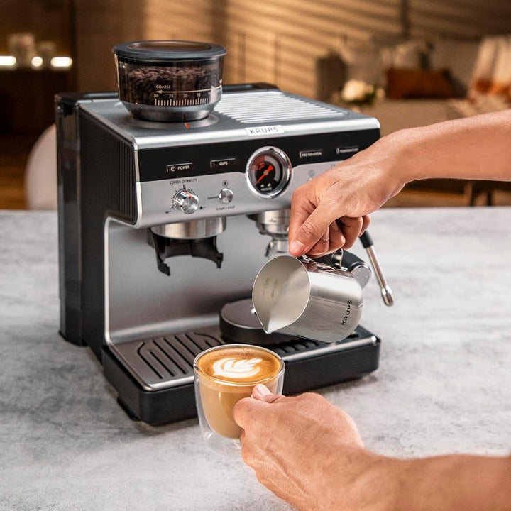 Krups Precision Mașină portafilter manuală Cu râșniță, Mașină de cafea Barista Cu panou de control intuitiv, Setări de pre-infuzie, Mașină espresso Cu duză de abur, Încălzire rapidă, XP801T10