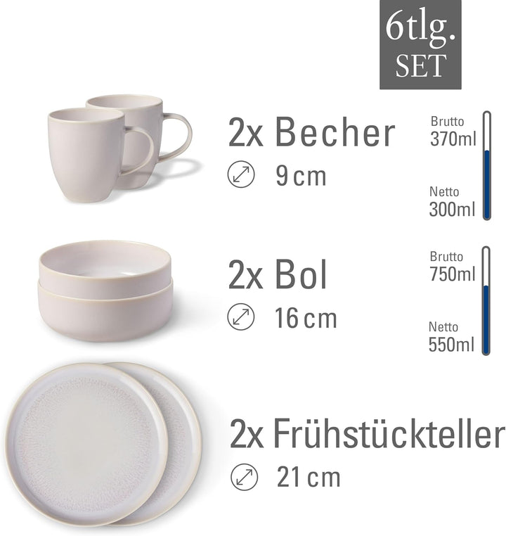 Like. by Villeroy & Boch – Crafted Cotton Frühstücks-Set 6 Teilig Weiß, Spülmaschinenfest, Mikrowellensicher, Geschirr Set, Geschirrset, Service Mit Frühstückstellern, Pottery-Look, Premium Porzellan