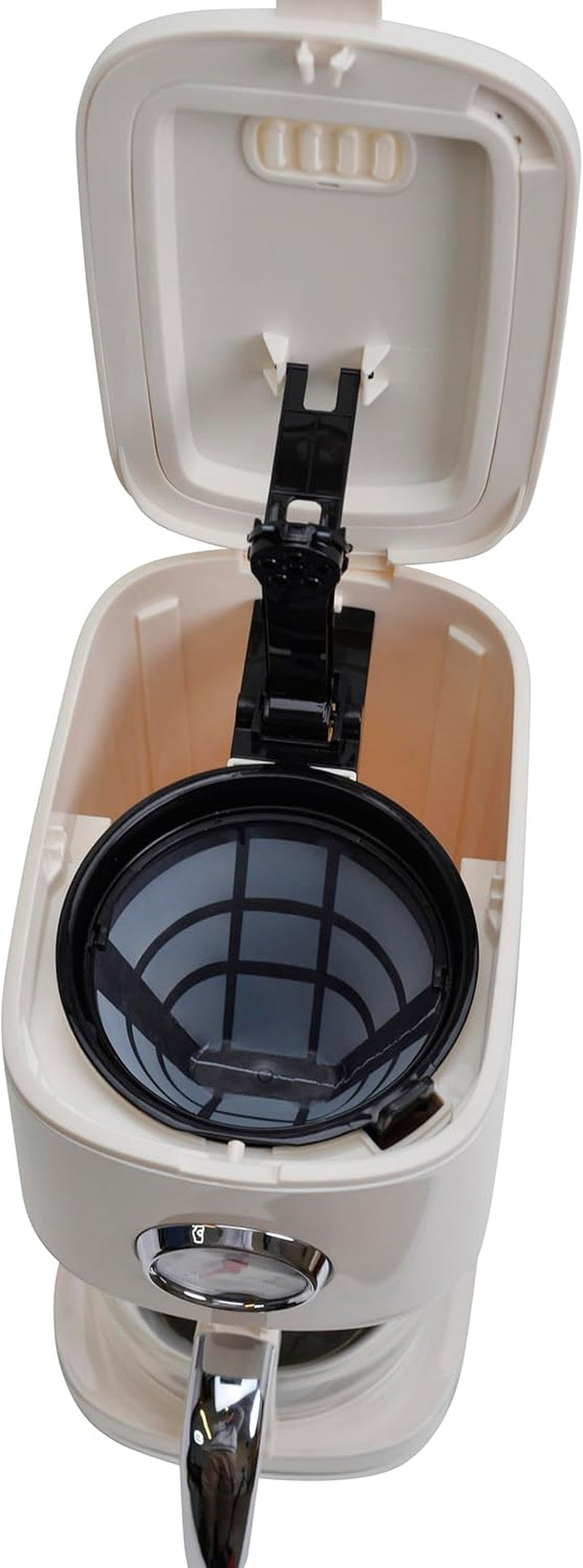 Cafetieră Retro Style Nostalgia 150, alb crem, 900 wați, 1,5 litri, 4-12 cești, cadran pentru menținerea timpului de încălzire, recipient pentru filtru detașabil, funcție de menținere a căldurii, oprire automată