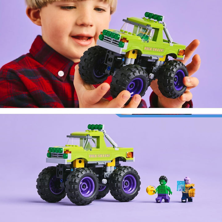 LEGO Ç€ Marvel Hulk Truck Vs. Thanos - Jucărie de construit supereroi - Vehicul Avengers și minifigurine - Camion monstru pentru mega distracție - Cadou pentru băieți și fete de la 7 ani - 76312