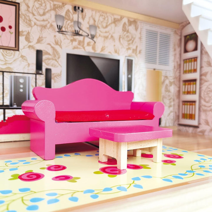 Bino World of Toys Casă de păpuși cu balcon, Jucărie pentru copii mici de la 3 ani, cu 3 etaje, scări, 4 camere și balcon incl. 15-TLG. Accesorii, Pentru a promova abilitățile copiilor, Design roz