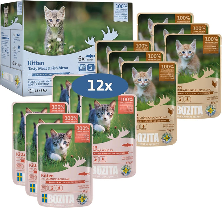 Bozita Wet Food Morsels In Sauce With Fish And Meat - 12X85G Portion Pouch Grain Free & Wheat Free Food For Cats - Hrană umedă pentru pisici adulte cu un conținut de 8,5% proteine și 4,5% grăsimi