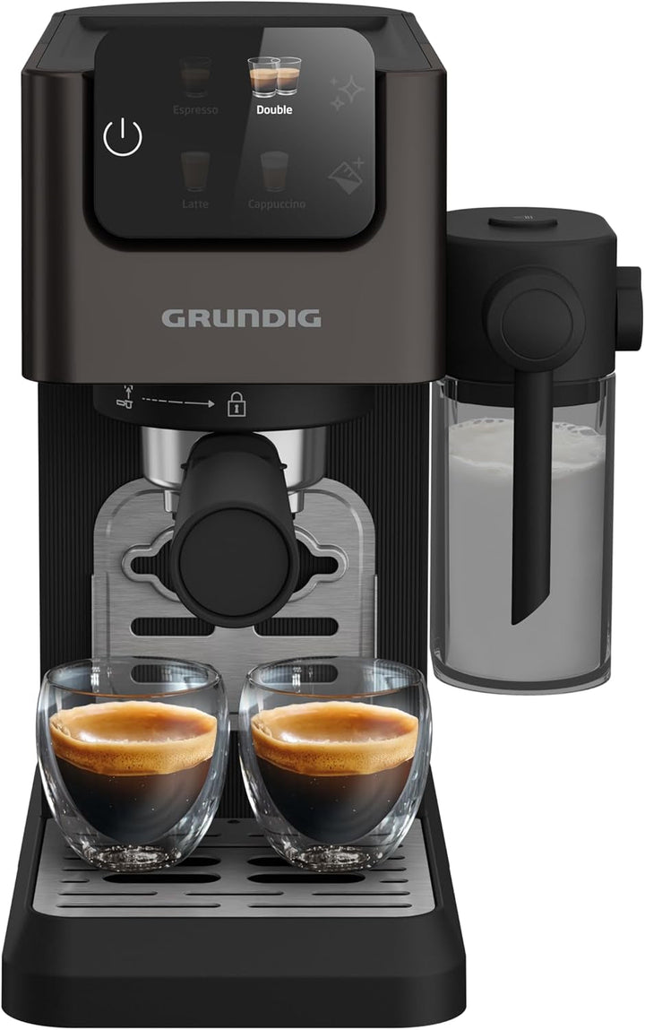 GRUNDIG KSM 5330 Mașină de fasole cu sită Cu recipient integrat pentru lapte, putere 1628 W, presiune pompă 15 bar, duză dublă, afișaj tactil color, Brewsense, Creamypro, Inox închis / negru