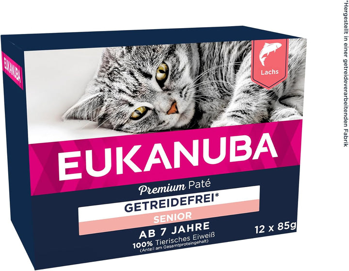 EUKANUBA Senior Cat Food Wet Grain Free - Hrană umedă premium cu mult somon pentru pisici în vârstă, 12 X 85 G