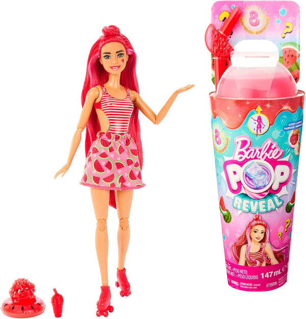 Barbie Pop Reveal Fruit - păpușă cu păr roșcat în aromă de pepene roșu, 8 surprize, fată squishy parfumată, păr și machiaj care își schimbă culoarea, pentru copii de la 3 ani, HNW43