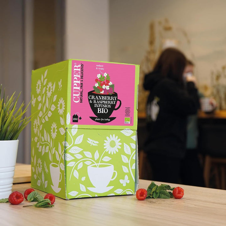 Cupper Ceai de fructe bio Cranberry Rasperry | Ceai cu zmeură | 250 pliculețe de ceai nealbite | Pachet mare | Perfect pentru birou | Ecologic | Comerț echitabil