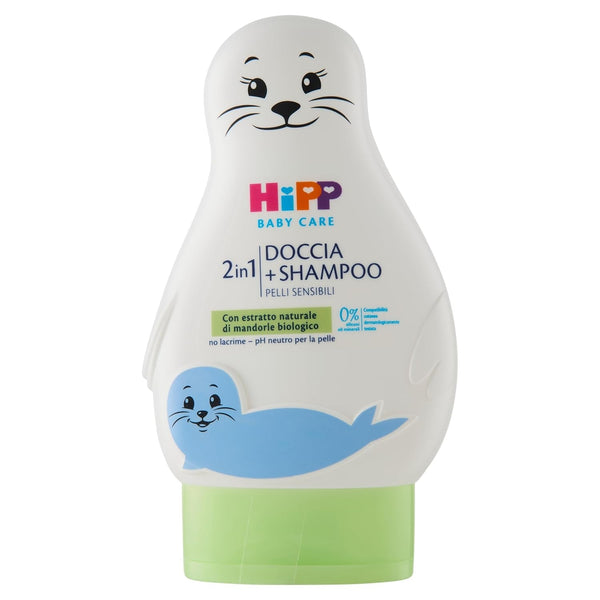 HiPP - Baby Care Șampon de duș pentru copii în formă de sigiliu amuzant, curăță delicat corpul și părul, pH neutru, cu extract organic de migdale, 1 flacon cu 200 ml