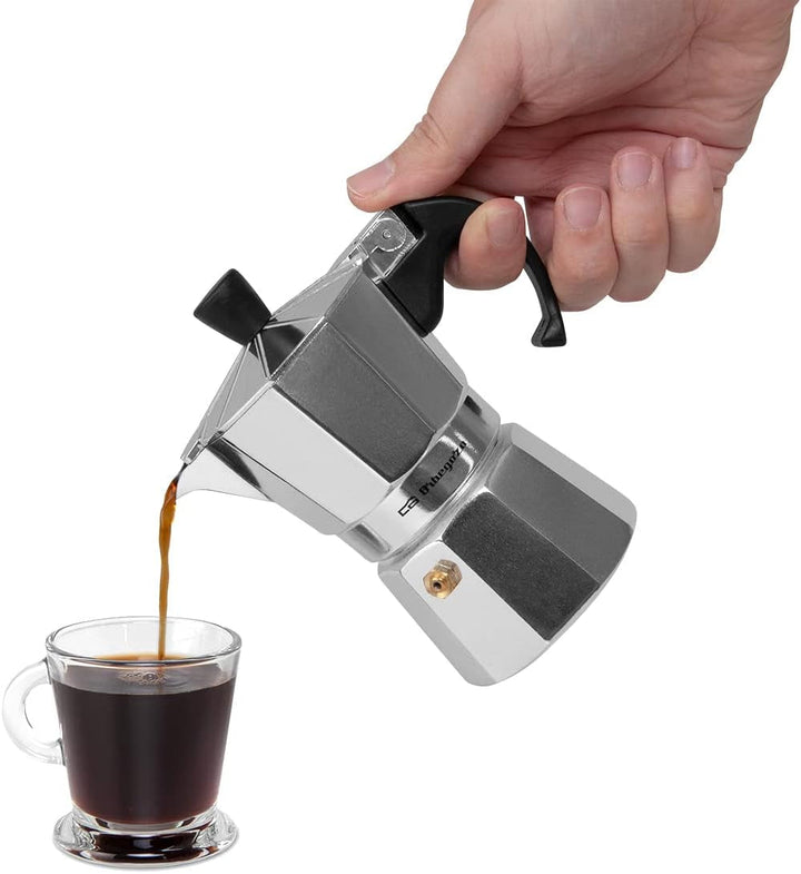 Orbegozo KF 200 - filtru de cafea italian fabricat din aluminiu, capacitate: 2 cești, mâner ergonomic, supapă de siguranță, filtru detașabil