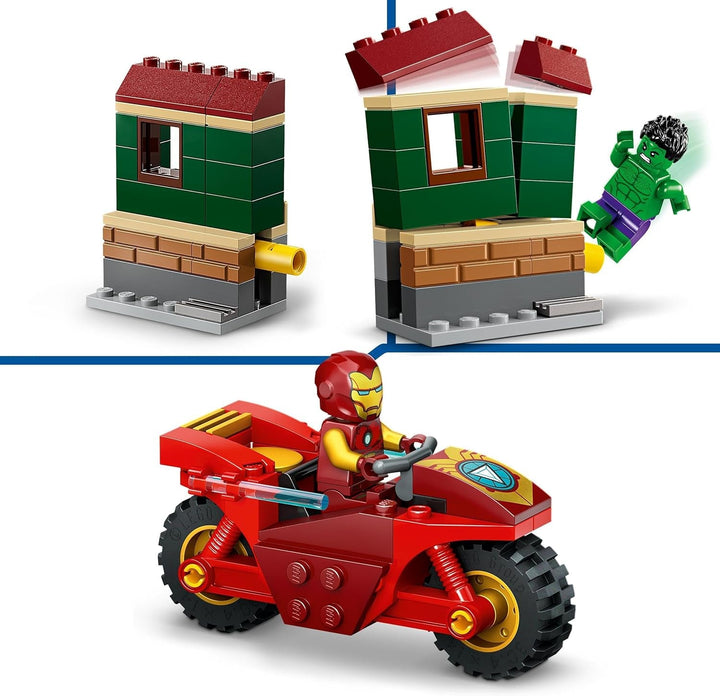 LEGO Marvel Iron Man cu bicicletă și Hulk, jucărie de construit supereroi pentru copii, set de colecționat cu bicicletă și minifigurine, cadou pentru fete și băieți de la 4 ani 76287