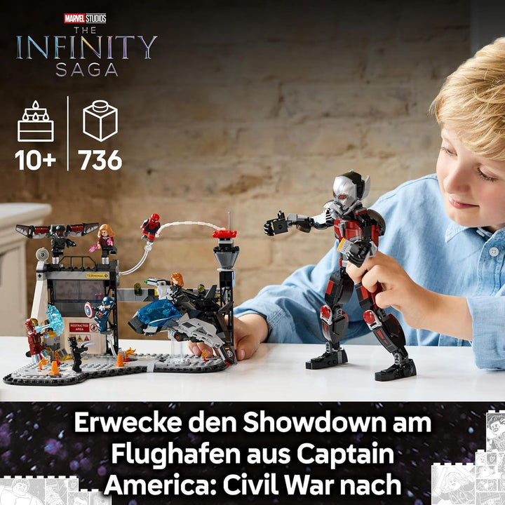 LEGO Marvel Captain America: Civil War Action Duel - Set de joacă pentru supereroi cu 8 minifigurine - Set de construcție și joacă cu avion de jucărie - Cadou pentru băieți și fete 76314