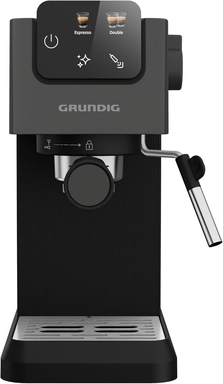 Espressor GRUNDIG KSM 4330 cu filtru portabil și spumator de lapte, pentru cafea măcinată, rezervor de apă detașabil, ecran tactil, putere 1628 W, funcție de memorie, negru