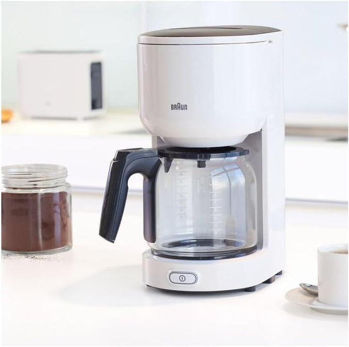 Cafetiera Braun Purease KF 3120 WH - Cafetieră cu filtru cu ulcior din sticlă pentru 10 cești de cafea, cafetieră pentru o aromă unică, filtru de apă integrat, 1000 wați, alb