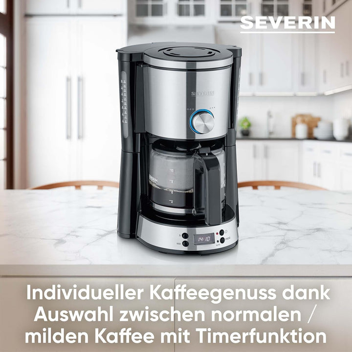 SEVERIN Cafetiera "Typeswitch" cu ulcior de sticlă și cronometru, comutator de aromă pentru alegerea a 2 opțiuni de preparare, ceas digital cu funcție de cronometru, pentru până la 10 cești, 1.000 W, oțel inoxidabil negru periat, KA 4826