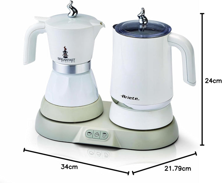 Ariete 1344 Stație de mic dejun, 3 produse în 1: spumă de lapte Moka - caldă și rece, 500W, 4/2 cești, menține cafeaua caldă, 5 funcții, alb