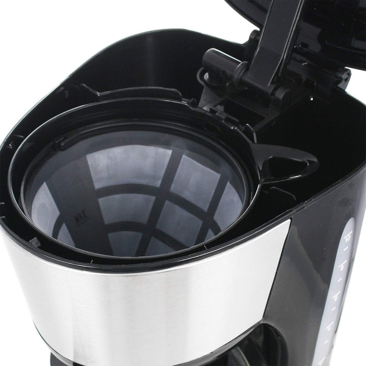 Emerio CME-122933, Cafetieră cu filtru, 1,25 l pentru până la 10 cești de cafea proaspătă, filtru permanent detașabil, funcție anti-picurare, cafetieră din sticlă, oprire automată, 1000 wați, negru/argintiu
