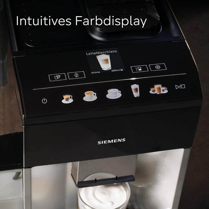 Aparat de cafea complet automat Siemens EQ500 Integral TQ513D01, Multe specialități de cafea, Spumă de lapte, Recipient de lapte integrat, Curățare automată cu abur, 1500 W, Argintiu / negru lăcuit pian