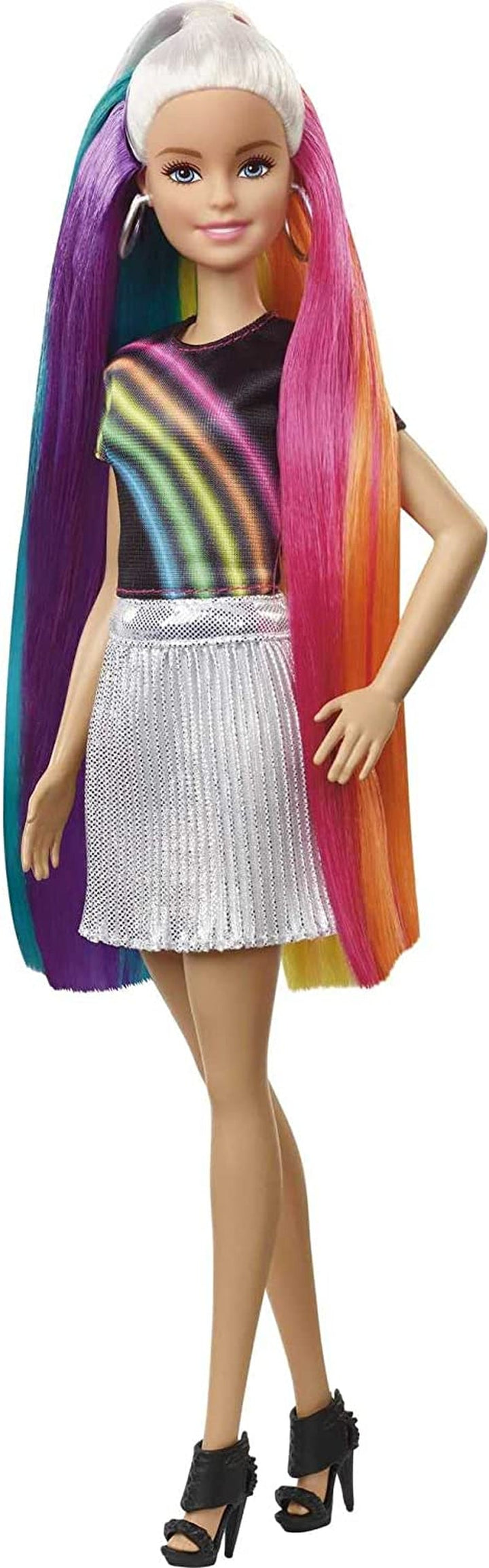 Barbie FXN96 - Rainbow Glitter Hair Doll cu păr blond lung, curcubeu ascuns de cinci culori, gel cu sclipici, perie de păr, accesoriu pentru coafat, cadou de jucărie pentru copii de la 5 ani în sus