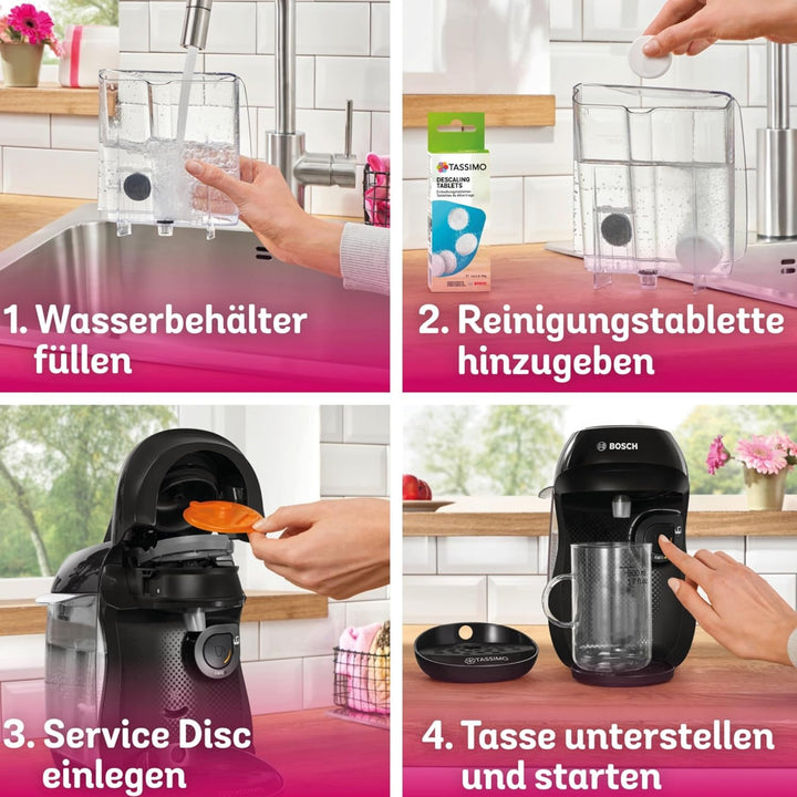 Espressor cu capsule Bosch Tassimo Happy Friendly TAS102EA, Peste 70 de băuturi, Potrivit pentru toate tipurile de cești, Oprire automată, Sustenabil, Include tablete de detartrare, Economie de spațiu, 1400 W, Negru