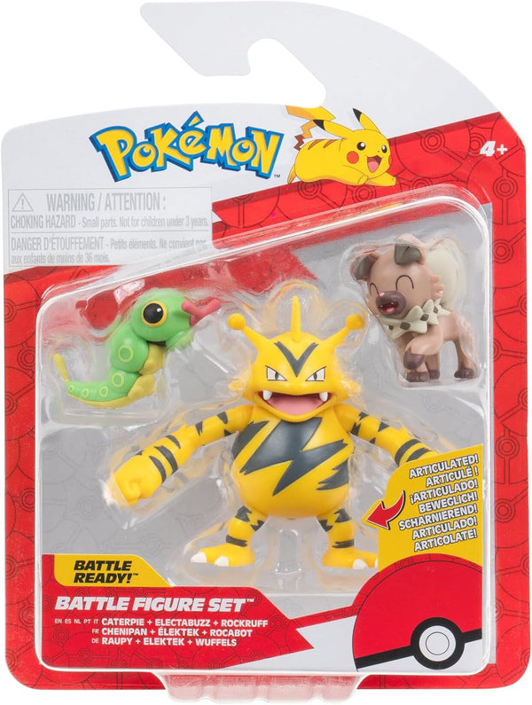 Pokémon PKW3892 - Set de figuri de luptă - Raupy, Wuffels, Elektek, Set oficial de figuri