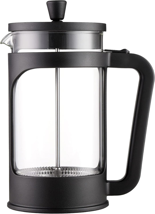 Four - Cafetieră/teapot franțuzesc, 1 litru / 34 oz, sticlă borosilicată rezistentă la căldură, filtru din oțel inoxidabil și capac negru