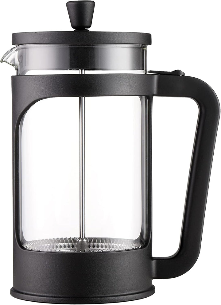Four - Cafetieră/teapot franțuzesc, 1 litru / 34 oz, sticlă borosilicată rezistentă la căldură, filtru din oțel inoxidabil și capac negru