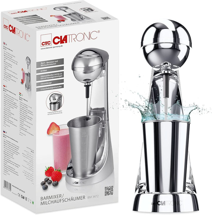 Clatronic® Barmixer U. Milchaufschäumer | Smoothie Maker | 650Ml Edelstahlbehälter | Praktischer Becherhalter | Mixer | 2 Geschwindigkeitsstufen | Kraftvoller 65 Watt Motor | Chromdesgin | BM 3472