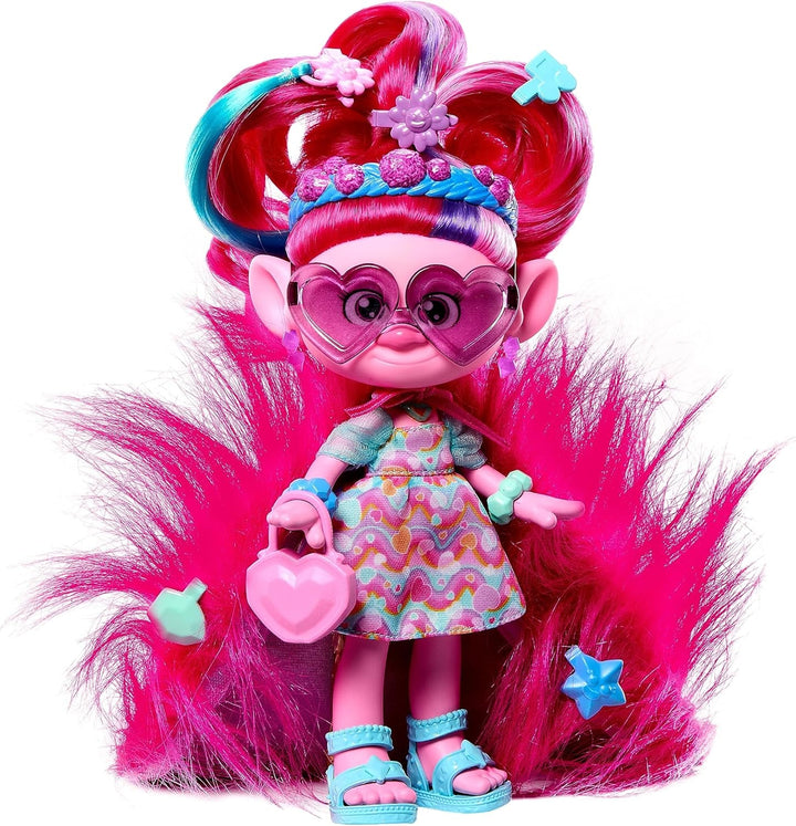Mattel DREAMWORKS TROLLS Together Strong - păpușă de modă Hair-Tastic Queen Poppy - 15+ accesorii, pieptene cu sclipici, gel cu sclipici lavabil, pentru copii cu vârsta peste 3 ani, HNF25