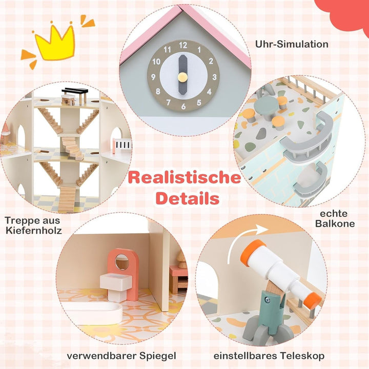 Casă de păpuși din lemn FANTASK, casă de păpuși 94 cm înălțime cu 41 de piese de mobilier și accesorii, vilă de păpuși cu 6 camere, terasă și garaj, cadou pentru fete de la 3 ani