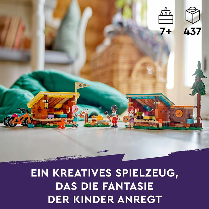 LEGO Friends Cosy Huts At Adventure Camp, Playset pentru jocuri de rol în aer liber, jucărie pentru copii pentru fete și băieți de la 7 ani cu 3 figurine și vulpe, jucărie de camping 42624