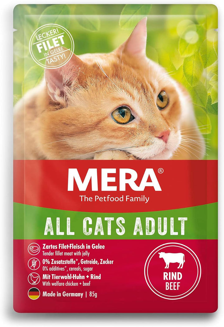 Mera Cats Adult Wet Food Multibox, pentru pisici adulte, fără cereale și sustenabilă, hrană pentru pisici cu conținut ridicat de carne din pui, vită, rață și somon, 12 X 85 G