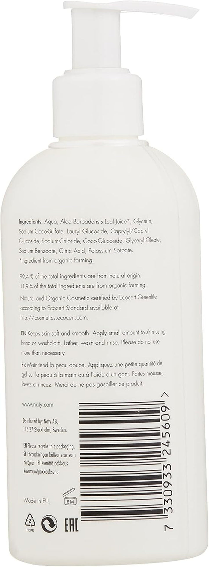 Eco by Naty, gel de duș pentru copii, ingrediente organice pe bază de plante cu 0% parfum, hipoalergenic și testat dermatologic, flacon de 200 ml